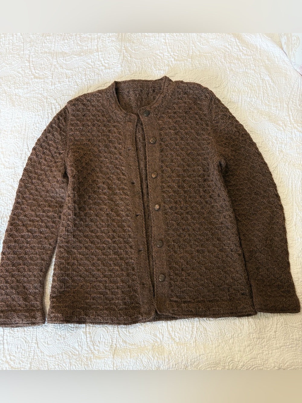 Women’s S/M Chocolate Brown Cardigan Handmade Honeycomb Smocking Stitch
